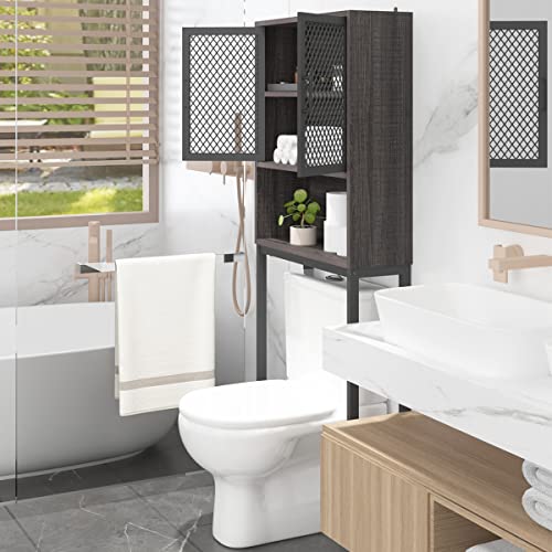 Launica Over The Toilet Storage Cabinet, Industrial Bathroom Organizer Above Toilet, Bathrooms Space Saver Stand with Shelf, Wood and Metal Freestanding Bathrooms Rack Behind The Toilet, Dark Gray Oak - color: Dark Gray Oak