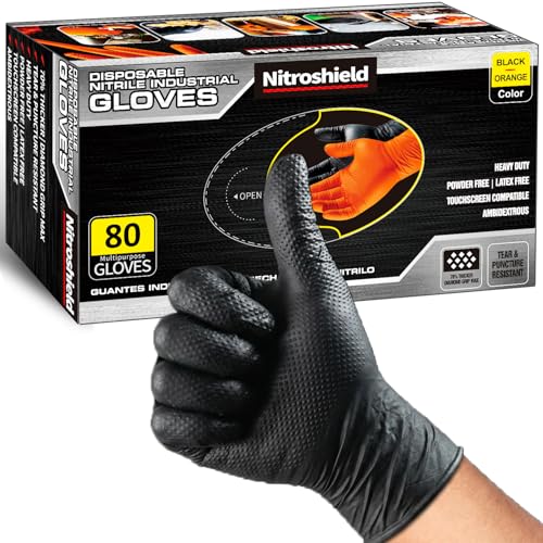 NITROSHIELD 9mil Heavy Duty Disposable Nitrile Gloves, Black XLarge 80Pcs -Chemical Resistant, Latex Powder Free Rubber Gloves Diamond Texture for Automotive, Mechanics, Cooking,BBQ, Industrial Use - color: Black-80, size: X-Large