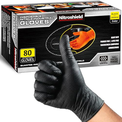 NITROSHIELD 9mil Heavy Duty Disposable Nitrile Gloves, Black XLarge 80Pcs -Chemical Resistant, Latex Powder Free Rubber Gloves Diamond Texture for Automotive, Mechanics, Cooking,BBQ, Industrial Use - color: Black-80, size: X-Large