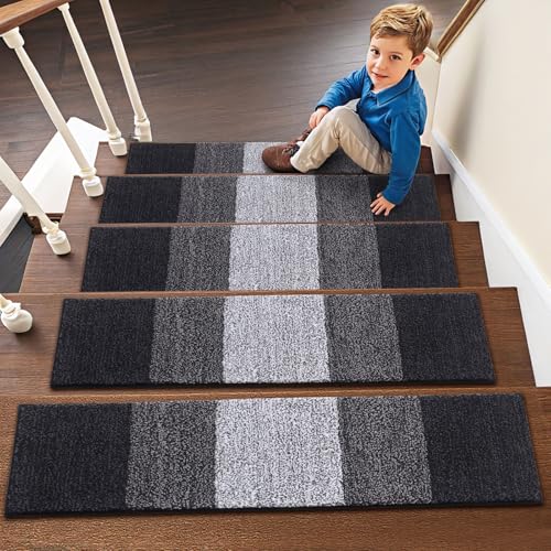 OLANLY Stair Treads Non Slip 15PCS, 8" x 30" Indoor Stair Runners for Wooden Steps, Edging Stair Rugs with Reusable Peel and Stick Adhesive for Kids Elders and Pets, Black - color: Black