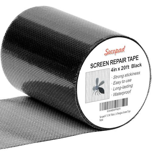 Secopad Black Window Screen Repair Tape, 4 in X 20 FT (240IN) Kit for Windows or Doors, Strong Adhesive Patch Fiberglass Mesh Repair - color: Black, size: 4IN x 20FT