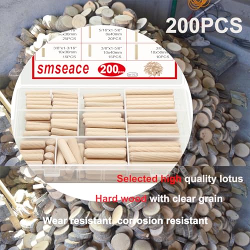 smseace Wooden Dowel Pins with Tapered End with Bevel Angle Groove Wood Pegs - 9 Sizes 6/25inch 5/16inch 3/8inch(6mm, 8mm, 10mm) Used for Crafts, Furniture, Door, DIY - size: 200Pcs Twill Wood Pin - 9 Sizes