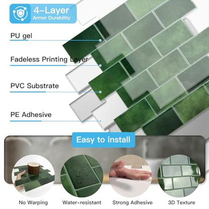 Art3d Peel and Stick Green Wall Tiles – 12"x12" Thicker Design Backsplash, Self-Adhesive Tile for Kitchen & Bathroom Renovation - color: Green