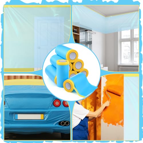8 Roll Pre-Taped Masking Film for Painting 22'' / 43'' x 82' Plastic Sheeting Roll Automotive Painters Masking Tape Film Sheeting Cover for Walls Trim Appliance Furniture Windows(43'' X 82') - size: 43'' X 82'
