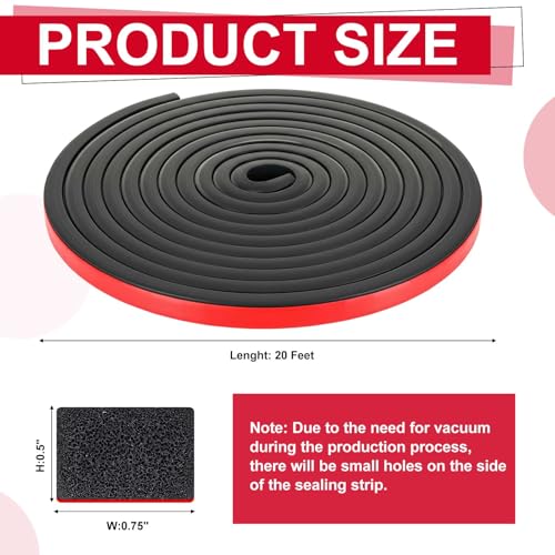 Pangda 20 Ft Rectangular Rubber Seal Strip with Self-Adhesive Tape, 0.75" W x 0.5" H Foam Rubber Weather Stripping for Boat, Automobile, RV, Ship, Garage Door/Window Seal, Black (Solid) - size: L:20ft, W:0.75" X H:0.5", style: Solid