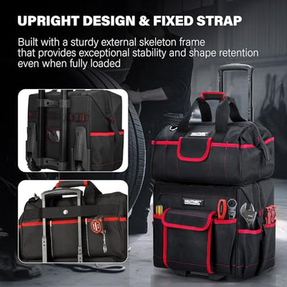 HAUTMEC 2-Piece Rolling Tool Bag Set, 15" Wheeled Tool Bag & Wide Mouth Tool Tote, Heavy-Duty Tool Storage Organizer with Durable Off-Road Wheel, Steel Telescoping Handle & Shoulder Strap – HT0288 - style: 2-Pcs Set | Black