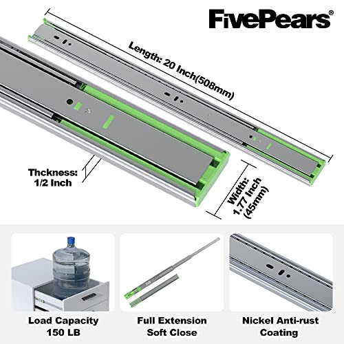 FivePears 1 Pairs 20 Inch Heavy Duty Soft Close Drawer Slides, 150 Lb Load Capacity Full Extension Ball Bearing Side Mount Drawer Runner, Rv Tool Box Kitchen Cabinet Drawer Self Closing Glide Rails - size: 20 Inch