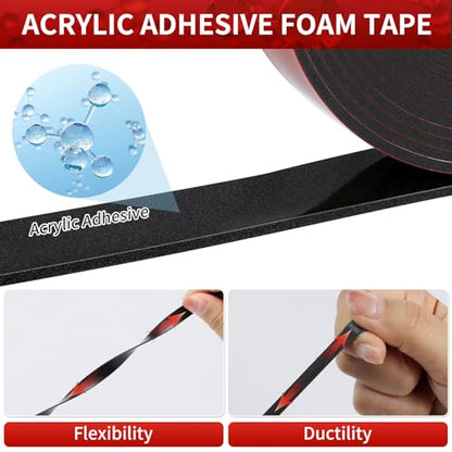 Double Sided Tape Heavy Duty – 2 Rolls Adhesive Tape, 19.68ft Strong Double Sided Mounting Tape, Waterproof Mounting Foam Tape, Two Sided Tape for Car, Home, Wall Hooks, LED Strips, DIY Projects - color: black