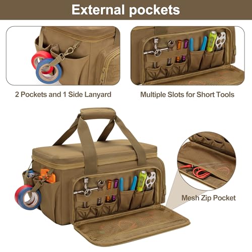 Rexmica 14-Inch Tool Bag with Anti-friction Bottom, Hand Tool Storage Organizer for Men, Tactical Range Bag, Multi-purpose Work Tote for Repairman, Carpenters, Handyman, Khaki