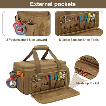 Rexmica 14-Inch Tool Bag with Anti-friction Bottom, Hand Tool Storage Organizer for Men, Tactical Range Bag, Multi-purpose Work Tote for Repairman, Carpenters, Handyman, Khaki