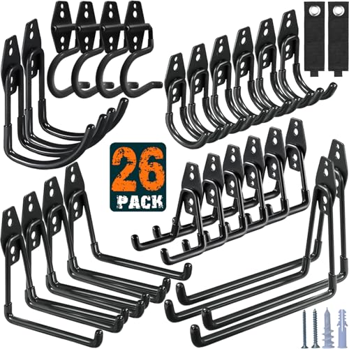 HUPBIPY 26 Pack Garage Hooks Heavy Duty Utility Steel with Anti-Slip Coating Wall Mount Storage Organizer for Hanging Power and Garden Tools, Ladders, Hose, Bikes, Ropes, Bulk Items, and More - color: 26 Pack Black