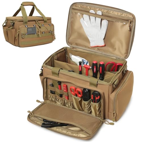 15-Inch Tool Bag Multi-purpose Tool Organizer Bag For Men with Shoulder Strap, Tactical Range Bag Work Tote for Repairman, Carpenters, Handymen (Khaki) - color: Khaki