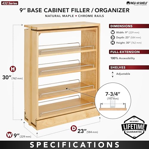 Rev-A-Shelf Pullout Shelf Organizer for Base Kitchen or Bathroom Cabinets, Wood Filler Pantry Storage or Spice Rack, Maple, 9" x 23" x 30", 432-BF-9C - size: 9" W