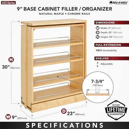 Rev-A-Shelf Pullout Shelf Organizer for Base Kitchen or Bathroom Cabinets, Wood Filler Pantry Storage or Spice Rack, Maple, 9" x 23" x 30", 432-BF-9C - size: 9" W