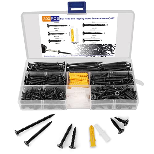 #6 Black Wood Screws Assortment Kit, 300Pcs Coarse Thread Short Screws Set, Flat Head Phillips Drive Self Tapping Small Screws for Wood with M6 Anchors, 6 Sizes（2"/1-5/8"/1-1/4"/1"/3/4"/5/8"） - color: M3.5-300 Pcs Screws Kit