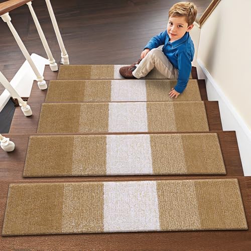 OLANLY Stair Treads Non Slip 15PCS, 8" x 30" Indoor Stair Runners for Wooden Steps, Edging Stair Rugs with Reusable Peel and Stick Adhesive for Kids Elders and Pets, Camel - color: Camel