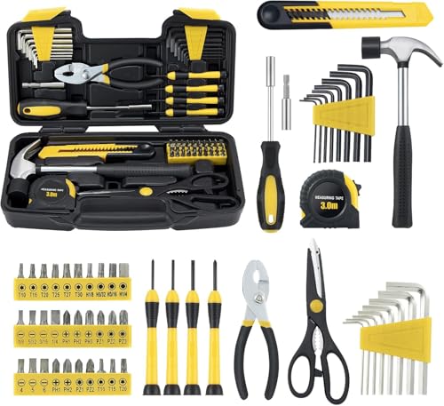 MARTCOLOR 58 Piece Household Tool Set, General Household Hand Tool Kit with Plastic Toolbox Storage Case, All Purpose Household Tool Kit for Home, Garage, Office and College Dormitory Use, Yellow - color: Yellow