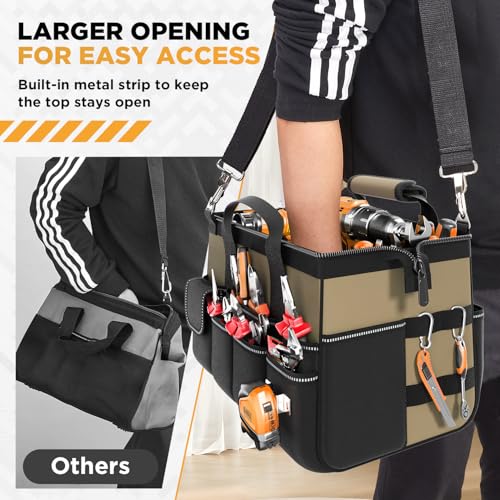 Goovilla Tool Bag 15.5 Inch with 1 Pouch | 17-Pocket Portable Tool Box Organizer Storage with Adjustable Strap, Soft Handle and Durable Zipper | Heavy Duty Tool Bags for Men, Father’s Day (Khaki)