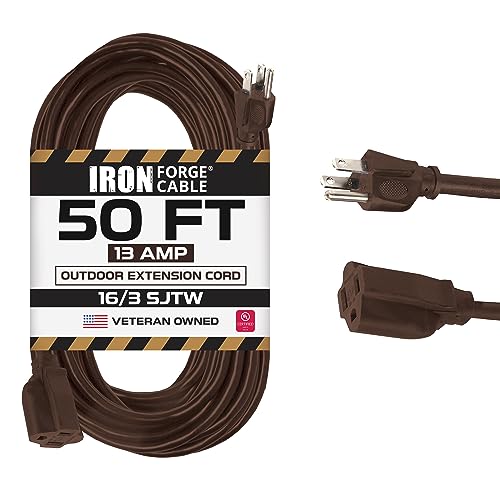Iron Forge Cable Outdoor Brown Extension Cord 50 ft - 16 Gauge 13 Amp Heavy Duty Brown Outdoor Extension Cords 3 Prong - 16/3 SJTW - Great for Outdoor - color: Brown, size: 50 Ft