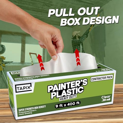 Painter's Plastic Film Heavy Duty 0.39 mil, 400' Length x 9' Width High, High Density Painters Plastic Sheeting Roll in Box with Dispense Hole for Easy Paint Plastic Covering - style: Heavy Duty Painter's Plastic