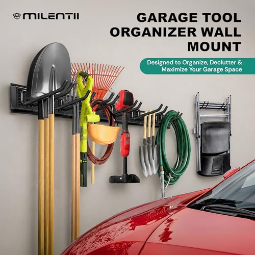 Garage Tool Organizer Wall Mount 48 Inch, Heavy Duty Metal Tool Rack with 3 Racks & 6 Adjustable Hooks, Wall Mounted Garden Tool Storage for Garage, Shed, Holds Shovels, Brooms & Tools - size: 06 Hooks