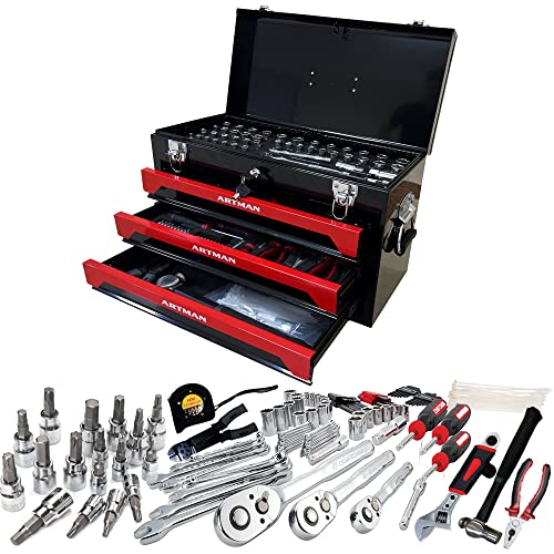 Runboll Mechanics Tool Set 339-Piece 3-Drawer Toolbox with Tools Kits Included, with pliers, ball hammer, screwdrivers, wrenches, Hex Keys, and More - color: Red, size: Toolbox w/ Kits