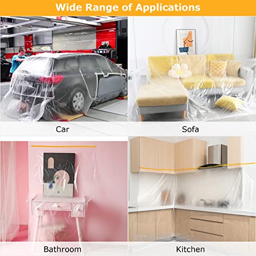4 Rolls 8 x 66 Feet Plastic Sheeting, Painters Plastic Drop Cloths for Painting, Pre-Taped Masking Film Tape and Drape for Automotive Painting Covering, Furniture Floor Dustproof Cover - size: 8 X 66 Feet