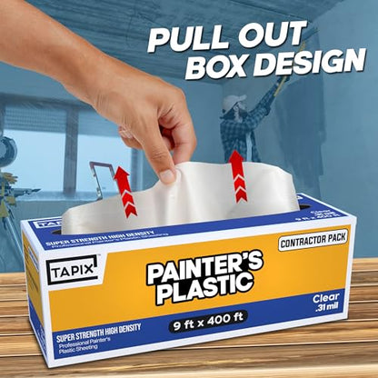 Painter's Plastic Film, 400' Length x 9' Width High, High Density Painters Plastic Sheeting Roll in Box with Dispense Hole for Easy Paint Plastic Covering - style: Painter's Plastic