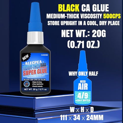 20g Black Medium-Thick CA Glue (500 CPS),Premium Cyanoacrylate Super Glue for Wood, Glass, Metal, Paper, Leather, Plastic, Ceramic, Rubber, Jewelry, Woodworking, Hobby Models, and Craft Project - size: Black/500CPS