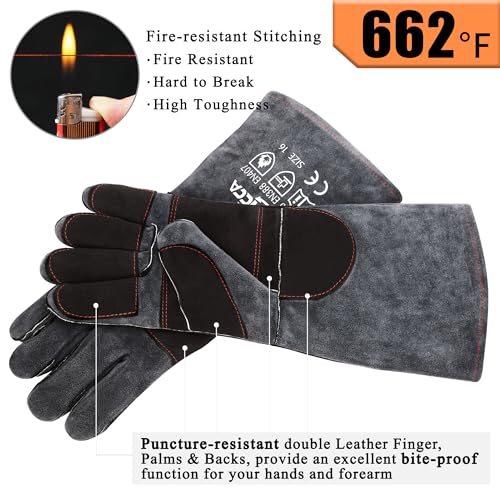 RAPICCA Animal Handling Gloves Bite Proof Double Leather Reinforced Padding Dog,Cat Scratch,Bird Handling Falconry Gloves Grabbing Reptile Squirrel Snake Bite 16in Grey-Black - style: 16 Inches