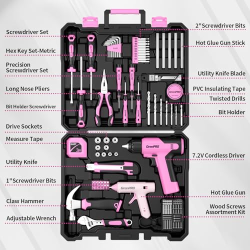 GRENPRO Pink Tool Set Drill Set, 188PCS Tool Kit For Home with Pink Cordless Drill Power, Hand Tool Kit for Women, Basic Household Auto Car Repair Tool Box for Men, Portable Storage Box Tools Sets - style: Pink Power Drill Set 188PC