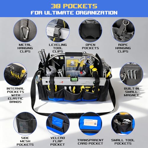 18 Inch Open Top Tool Bag, Tool Bags for Men with 30 Pockets, 1680D Waterproof Fabric, Foldable Electrician Tool Bag with Rotating Handle, Reflective Tool Organizer for Men, Blue - color: Black-Blue