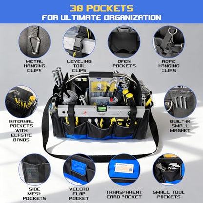 18 Inch Open Top Tool Bag, Tool Bags for Men with 30 Pockets, 1680D Waterproof Fabric, Foldable Electrician Tool Bag with Rotating Handle, Reflective Tool Organizer for Men, Blue - color: Black-Blue