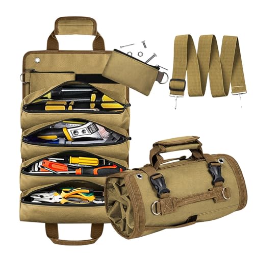 Tool Bag Roll Up 6 Pockets Heavy Duty Roll Up Tool Bag Storage Organizer with Detachable Pouches Portable Adjustable Shoulder Strap Gifts for Motorcycle Mechanic Electrician Dad Gifts (Khaki) - color: khaki