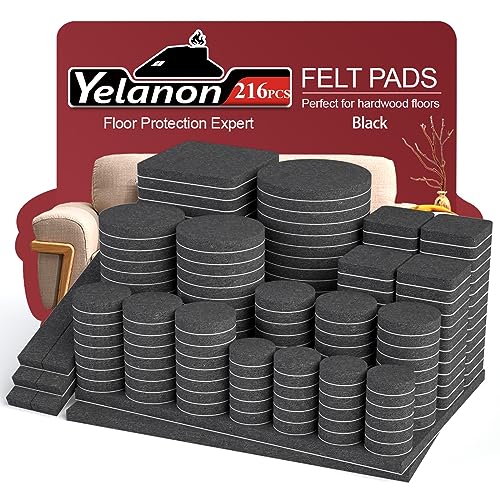 Yelanon Felt Furniture Pads for Hardwood Floors -216 Pcs Premium Felt Pads for Chair Legs, Floor Protectors for Furniture, Black - size: 216 Pcs Black