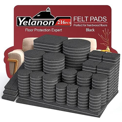 Yelanon Felt Furniture Pads for Hardwood Floors -216 Pcs Premium Felt Pads for Chair Legs, Floor Protectors for Furniture, Black - size: 216 Pcs Black