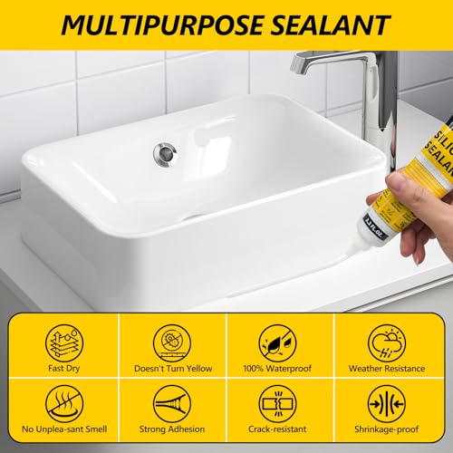 LISRUX Advanced White Silicone Caulk for Kitchen & Bathroom - 6 Pack (3.2 Fl Oz Each) | 100% Waterproof Silicone Sealant | Super Strong Adhesion, Shrink & Crack Proof - size: White-6p