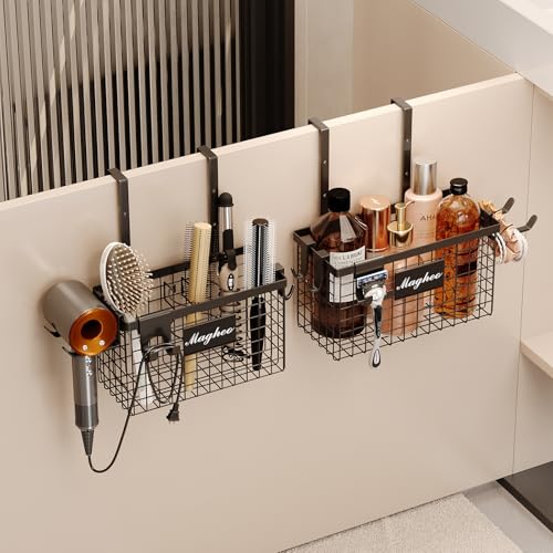 Magheo 2 Pack Hair Tool Organizer,Adhesive Hair Dryer Holder Cabinet Door/Wall Mounted Adjustable Height Blow Dryer Holder Under Sink Bathroom Hair Appliance Organizer and Storage Countertop(Black) - color: Black, size: Cabinet Door - 2 Pack (1 Tier)
