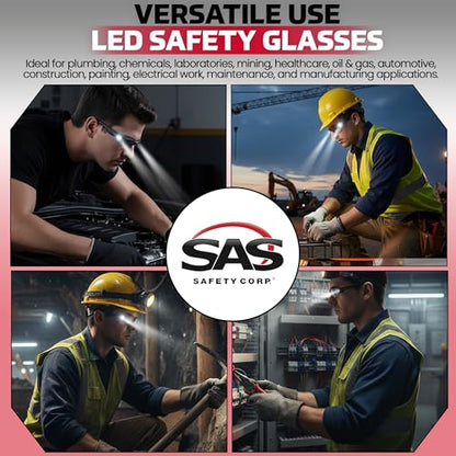 LED Inspector Safety Glasses | Protective Eyewear | Black Frame, Polycarbonate Clear Frames | Low to High Impact | Built-In LED Lights | 99.9% UV Protection | Woodworking, Construction, Mechanic