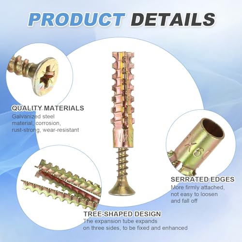 PATIKIL 30 Pcs Drywall Hollow Wall Anchors with Screws 0.16 x 1.38, Steel Dry Wall Anchors Kit for Wooden Concrete Plaster Hinge Hole Repair, Brass (5 x 30mm) - size: 5 x 30mm