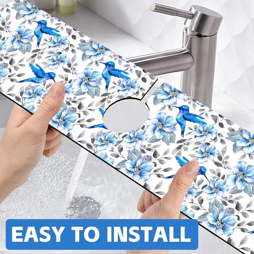 Kitchen Sink Splash Guard Faucet Mat Blue Floral and Hummingbird Absorbent Fast Drying Mat Faucet Draining Mat Sink Splash Guard Behind Faucet Drip Catcher for Kitchen Bathroom 24" X 5.5" - size: 5.5"x24"