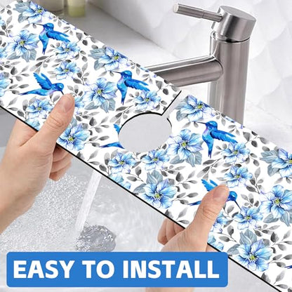 Kitchen Sink Splash Guard Faucet Mat Blue Floral and Hummingbird Absorbent Fast Drying Mat Faucet Draining Mat Sink Splash Guard Behind Faucet Drip Catcher for Kitchen Bathroom 24" X 5.5" - size: 5.5"x24"