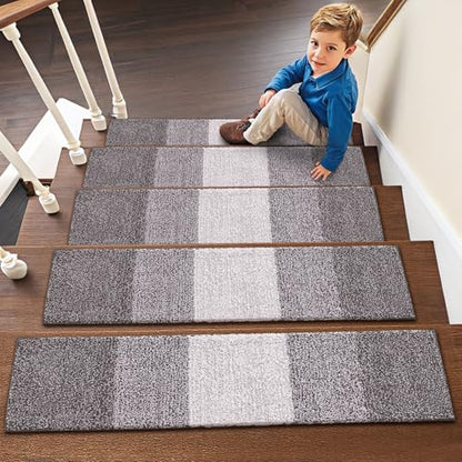 OLANLY Stair Treads Non Slip 15PCS, 8" x 30" Indoor Stair Runners for Wooden Steps, Edging Stair Rugs with Reusable Peel and Stick Adhesive for Kids Elders and Pets, Light Grey - color: Light Grey