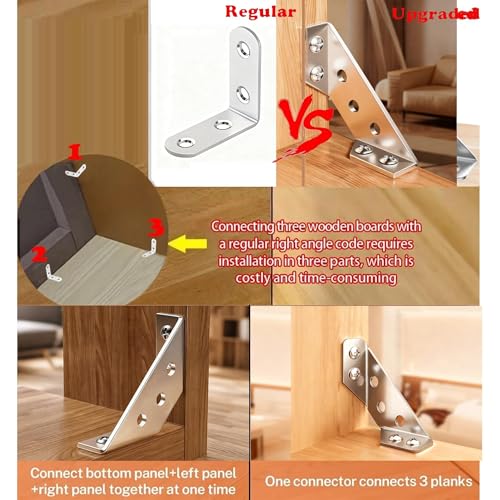 Heavy Duty Stainless Steel Furniture Corner Connectors - Triangle Bracket with Drill and Screws, Universal for Wood Furniture, Drawers, Cabinets, Tables, and Chairs
