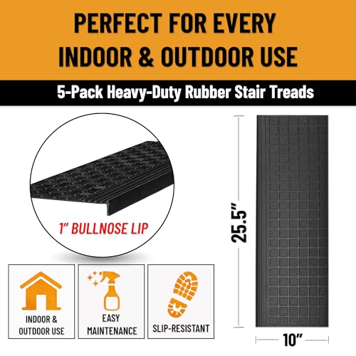 Ottomanson Bullnose Stair Treads Outdoor – Grid Heavy-Duty Non-Slip Stair Mats – Best Grip on Concrete, Brick & Textured Step – Fastening Required for Wooden & RV Steps, Pack of 5 - color: Black Square Grid - Bullnose
