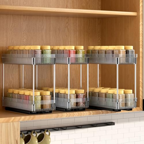 DABIGE 3 Pack Pull Out Spice Rack Organizer for Cabinet, 2 Tier Slide Out Spice Racks Organizer, Spice Cabinet Organizers, Cabinet Size Need:12'' High x 11'' Deep x 5'' Wide, Clear Acrylic - color: Clear, size: 3 Pack