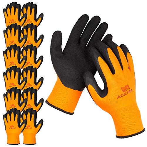 ACKTRA Premium Coated Nylon Safety WORK GLOVES 12 Pairs, Knit Wrist Cuff, for Gardening and General Purpose, for Men & Women, WG009 Orange Polyester, Black Latex, Small - color: Orange / Black (Premium), size: Small (Pack of 12)