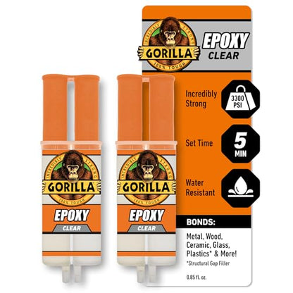 Gorilla 2 Part Epoxy (2 Pack), 5 Minute Set Syringe, 0.85 fl oz, Clear, Gap-Filling Adhesive for Metal, Wood, Ceramic, Glass and Plastics, Indoor & Outdoor Repairs - size: 2 - Pack