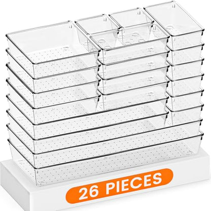 Criusia Drawer Organizer, 26 Pack Clear Plastic Drawer Organizer Bins, Versatile Organization and Storage Trays for Kitchen, Bathroom, Vanity Makeup and Office - size: 26PACK
