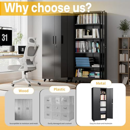 Metal Storage Cabinet with Wheels, 74.5" Garage Storage Cabinet with 4 Adjustable Shelves & Lockable Doors, Heavy Duty Garage Cabinets for Office, Home, Garage, Gym, School - size: 74.5"H x 15.75"D x 31.5"W